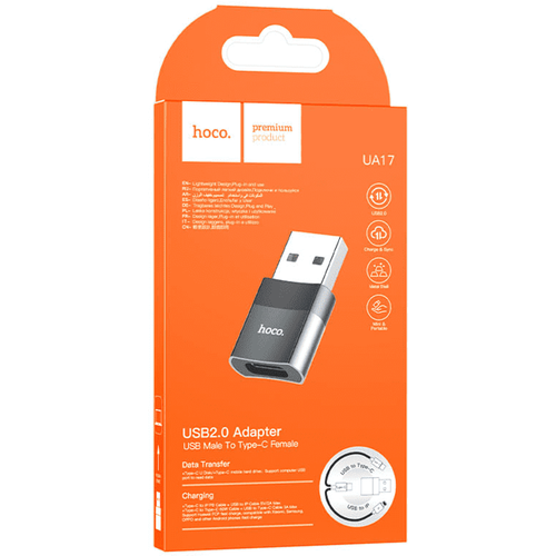 Переходник USB наType-C Hoco UA17 черный быстрая зарядка для телефона quick charge 3 0 18w 3a с кабелем usb type c сетевой блок питания для samsung xiaomi huawei iphone белый цвет