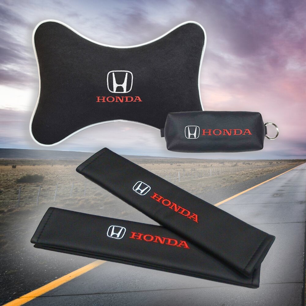 Подарочный набор автомобилиста из черного велюра для Honda (хонда) (подушка под шею на подголовник ключница и накладки на ремень безопасности)