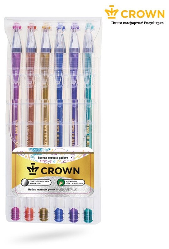 Набор гелевых ручек Crown "Hi-Jell Metallic" 6шт, 6цв, 0,7мм, металлик