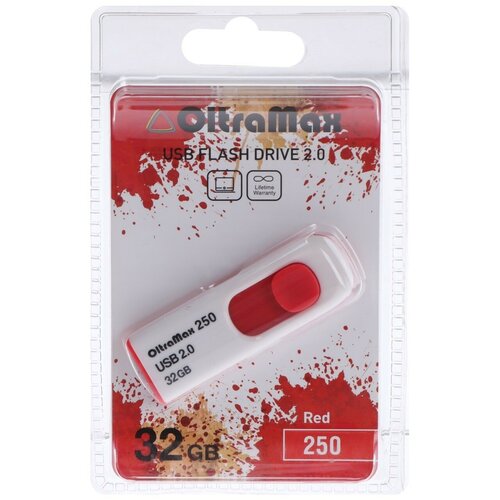 Флешка OltraMax 250, 32 Гб, USB2.0, чт до 15 Мб/с, зап до 8 Мб/с, красная