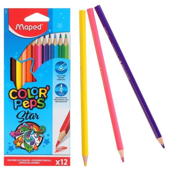 карандаши цветные Maped Color Pep's, треугольные, в картонном футляре, 12 цветов - фото №2