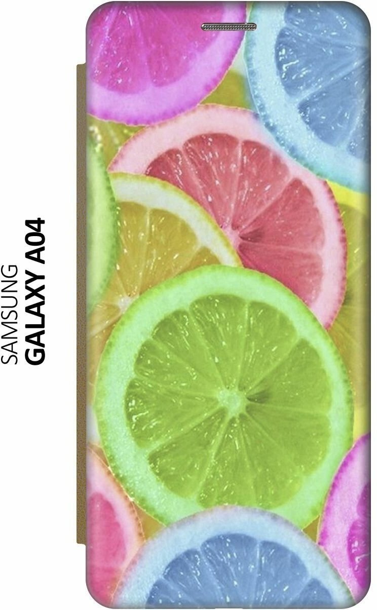Чехол-книжка на Samsung Galaxy A04, Самсунг А04 c принтом "Разноцветные лимоны" золотистый