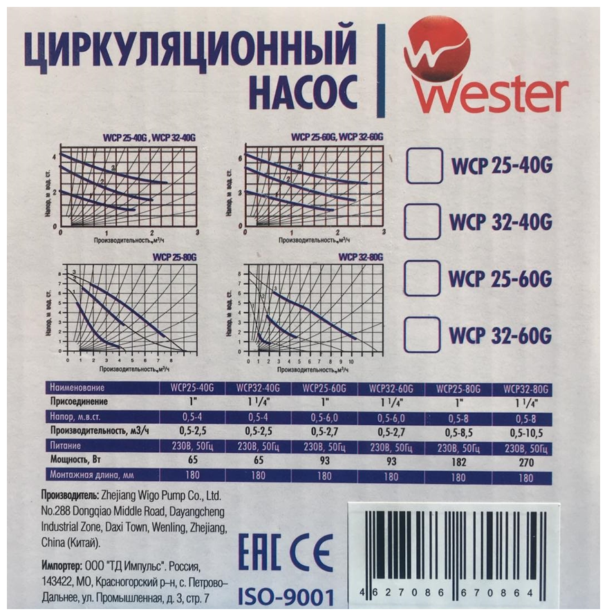 Циркуляционный насос Wester Line Wester WCP 25-60G 180 мм (с гайками)