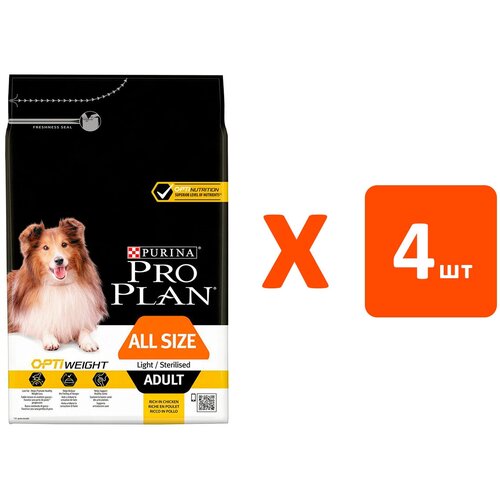 PRO PLAN ADULT DOG OPTIWEIGHT ALL SIZE LIGHT/STERILISED диетический для кастрированных и стерилизованных собак всех пород, курица и рис (3 кг х 4 шт)