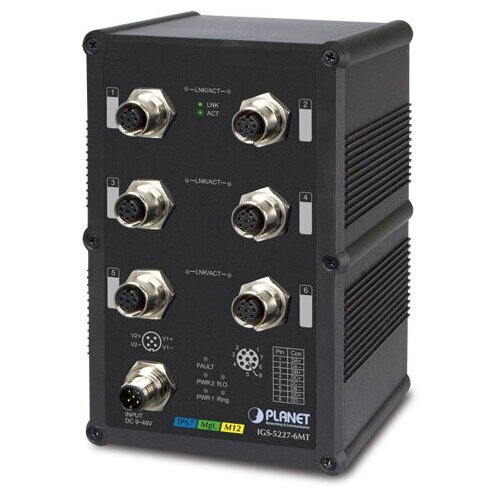 Planet IGS-5227-6MT индустриальный IP67 коммутатор IP67-rated Industrial L2 6-Port 101001000T A-coded M12 Managed Ethernet Switch -4075 degrees C ERPS Ring 1588 Modbus TCP 5517000₽