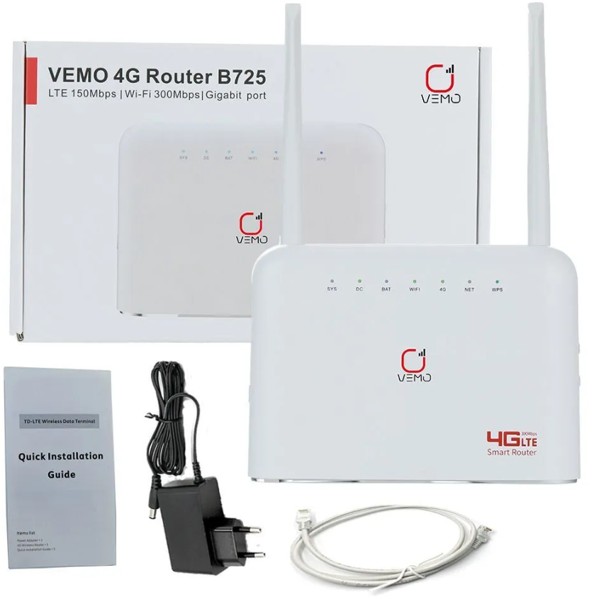 Роутер 3G/4G LTE VEMO B725 (olax ax7 pro) с антеннами 2*5dBi + АКБ 4000мАч LAN*1Гбит/с