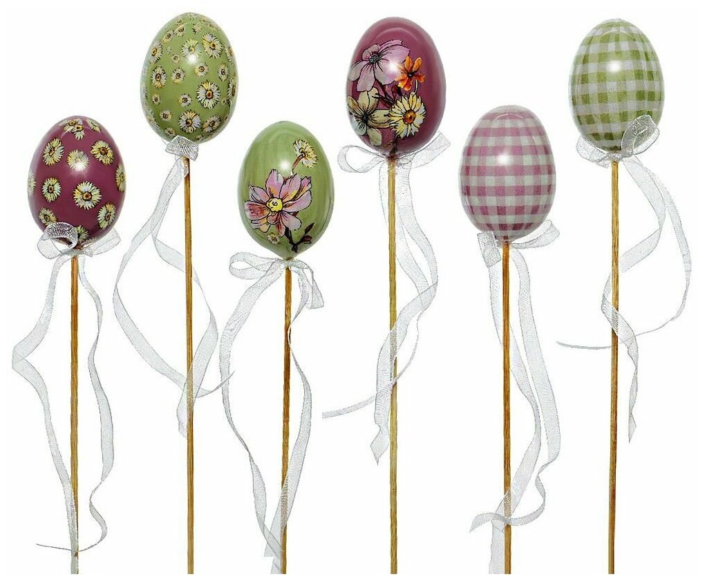 Декоративные пасхальные яйца на палочках праздник из ситца, 6 см (упаковка 6 шт.), Kaemingk 805866
