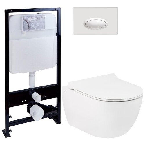 Комплект Унитаз подвесной Seramiksan Hill A031161H безободковый, с микролифтом + Система инсталляции EWRIKA + Кнопка смыва EWRIKA 0052 белая