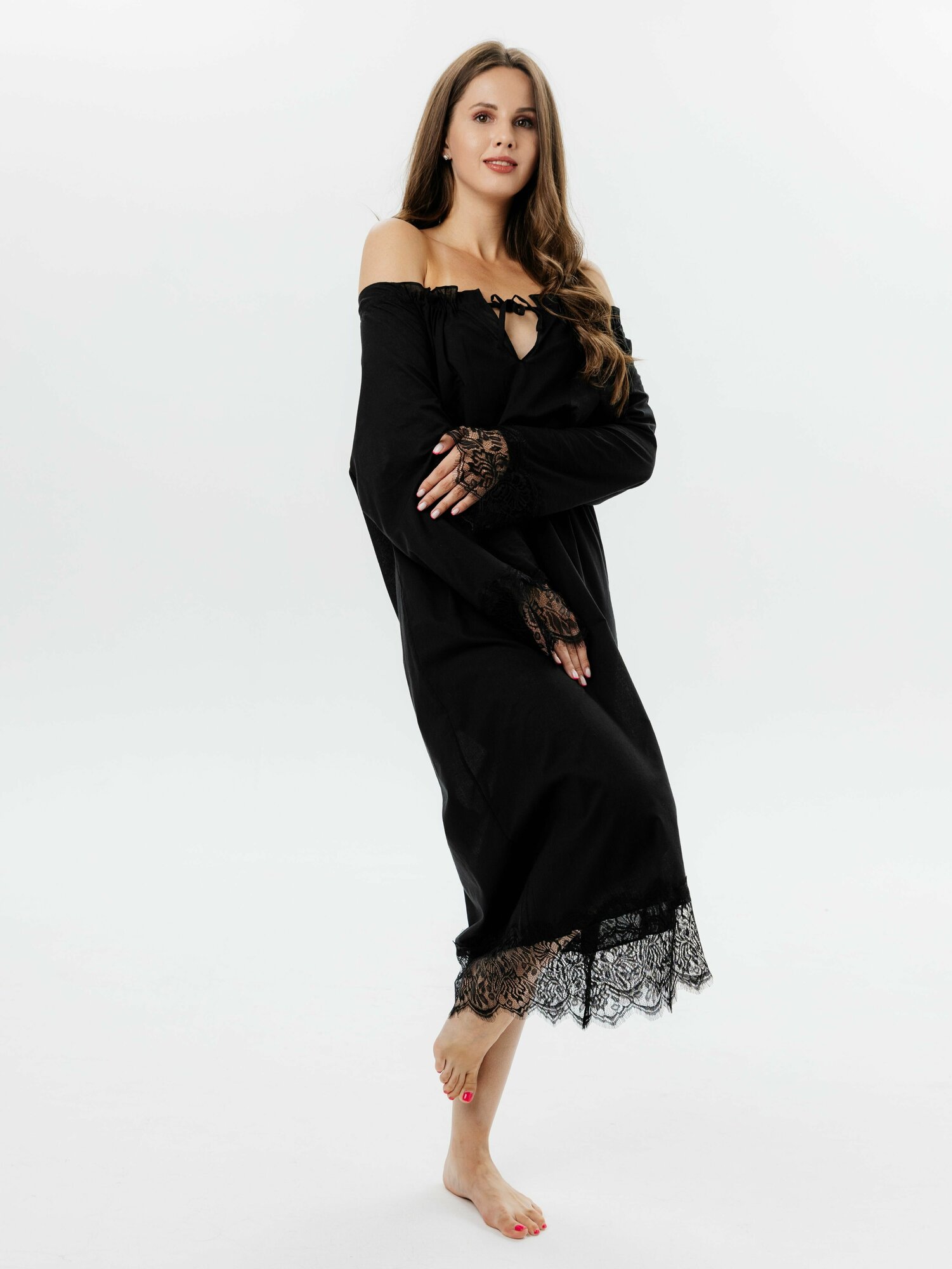 Ночная сорочка женская с длинным рукавом из турецкого хлопка с кружевом, размер 42-48 - фотография № 5