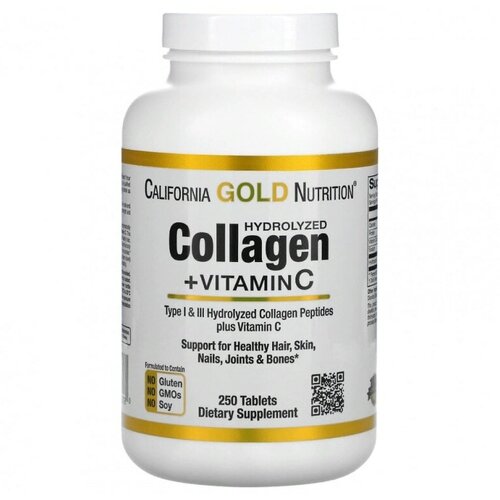 California Gold Nutrition, пептиды гидролизованного коллагена с витамином C, тип 1 и 3, 250 таблеток, для суставов лица волос бады для кожи волос и ногтей mychoice nutrition добавка collagen complex capsules