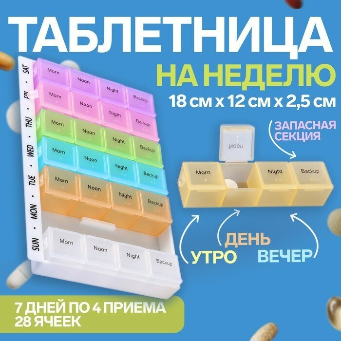 Таблетница - органайзер «Неделька», русские буквы, 18 × 11,5 × 2,5 см, утро/день/вечер/ночь, 7 контейнеров по 4 секции, цвет разноцветный