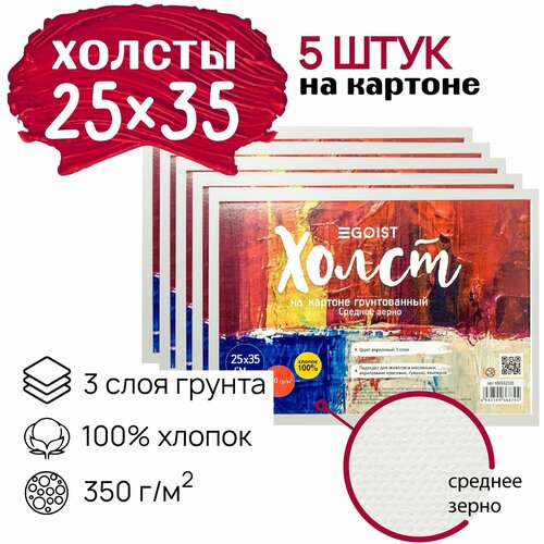 Грунтованный холст на картоне 25x35 см Egoist, набор холстов 5 штук, 100% хлопок, плотность 350 г/м2.