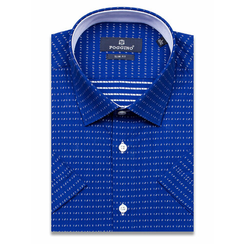 рубашка мужская из ткани оксфорд с коротким рукавом в полоску 100% хлопок Рубашка POGGINO, размер XXL (45-46 cm.), синий