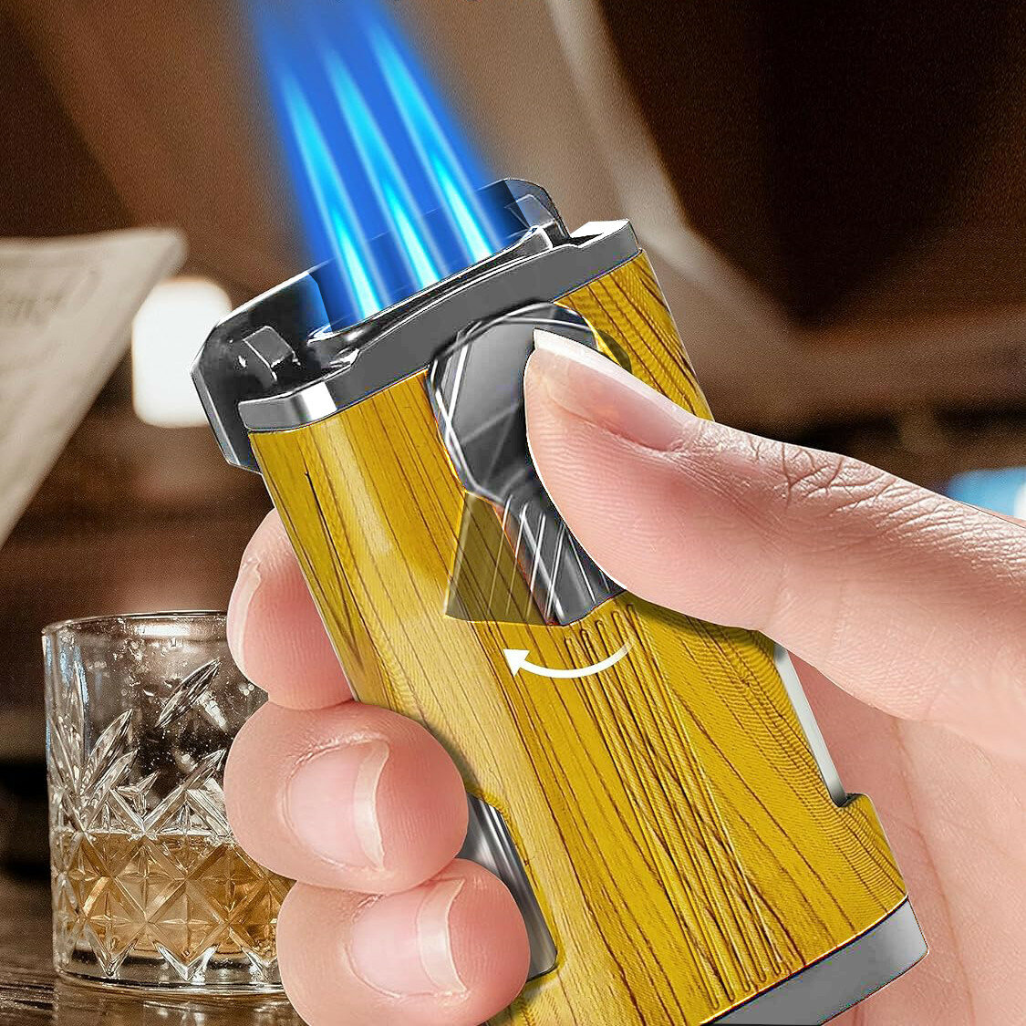 Трёхструйная газовая турбозажигалка (желтое дерево)