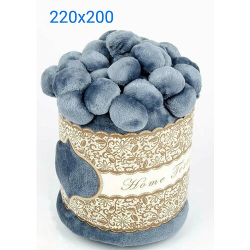 Плед велсофт с помпонами/бубонами, размер евро (200х220), цвет голубой