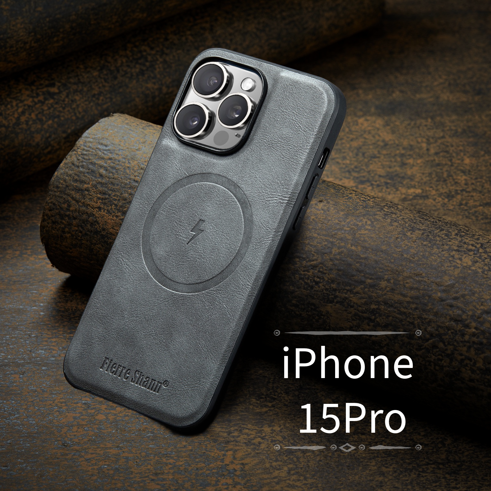 Чехол на айфон 15 про серый кожаный - Чехол iPhone 15 pro серый