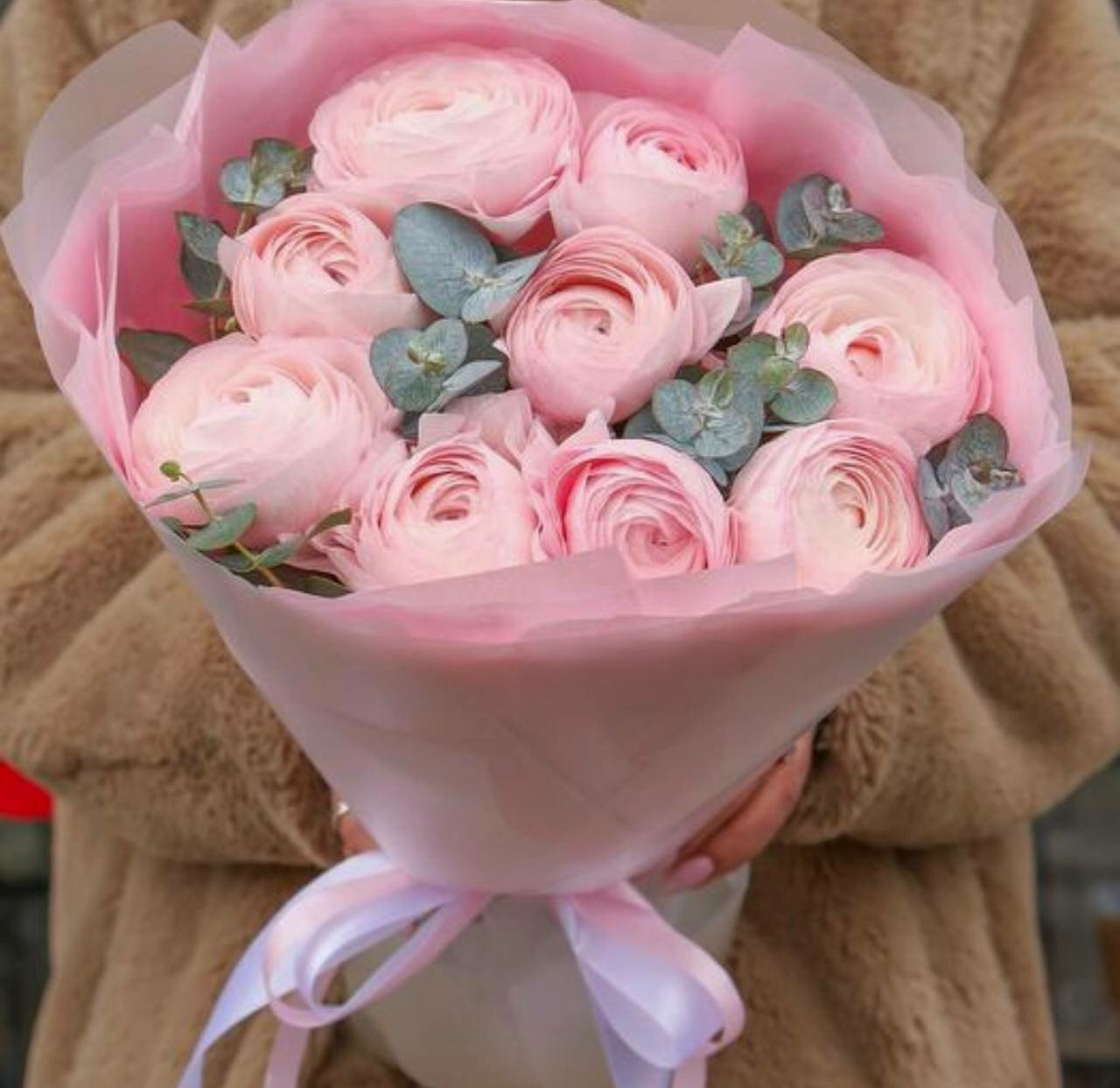 Букет ранункулюсов с эвкалиптом 9 штук