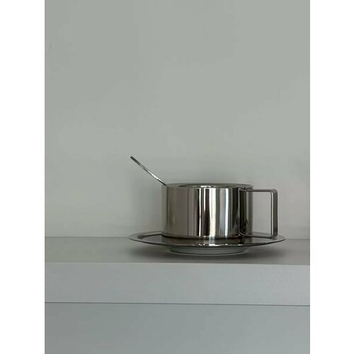 Чайная пара beige box, чашка кофейная с блюдцем и ложкой, из нержавеющей стали, цвет серебро