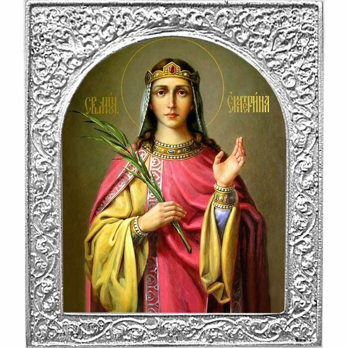 Святая Екатерина. Маленькая икона в серебряной раме. 4,5 х 5,5 см. (4.5 х 5.5 см / В серебряной раме)