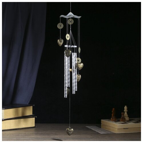 Музыка ветра пластик. металл Сердечки и китайские монеты 4 трубки 70 см