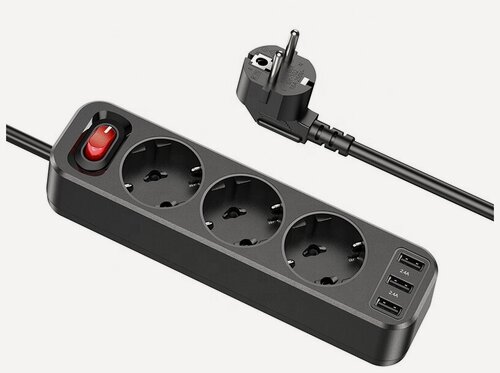 Изображение товара Сетевой фильтр HOCO NS2 3 гнезда+3USB 1.8м 4000W NS2 черный