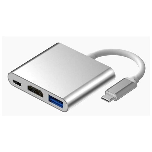 Переходник HUB Type-C на USB 3.0 - HDMI - Type-C, серебристый, Apple, Android переходник hub type c на usb 3 0 hdmi type c серебристый apple android