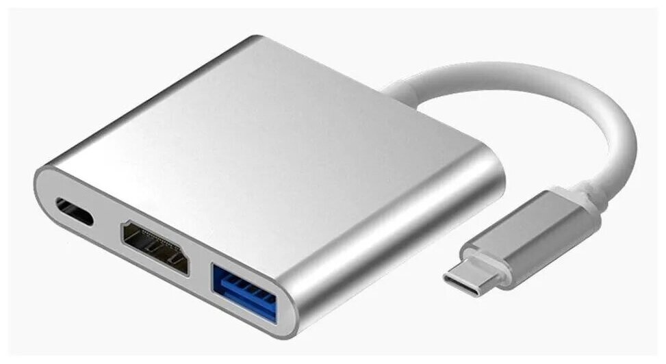 Переходник HUB Type-C на USB 3.0 - HDMI - Type-C, серебристый, Apple, Android