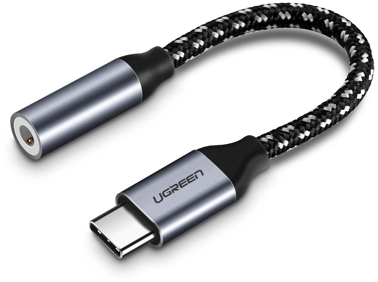 Аудиоадаптер Ugreen USB C - AUX Jack 3.5 мм (f), в оплетке, цвет серо-черный, 10 см (30632)