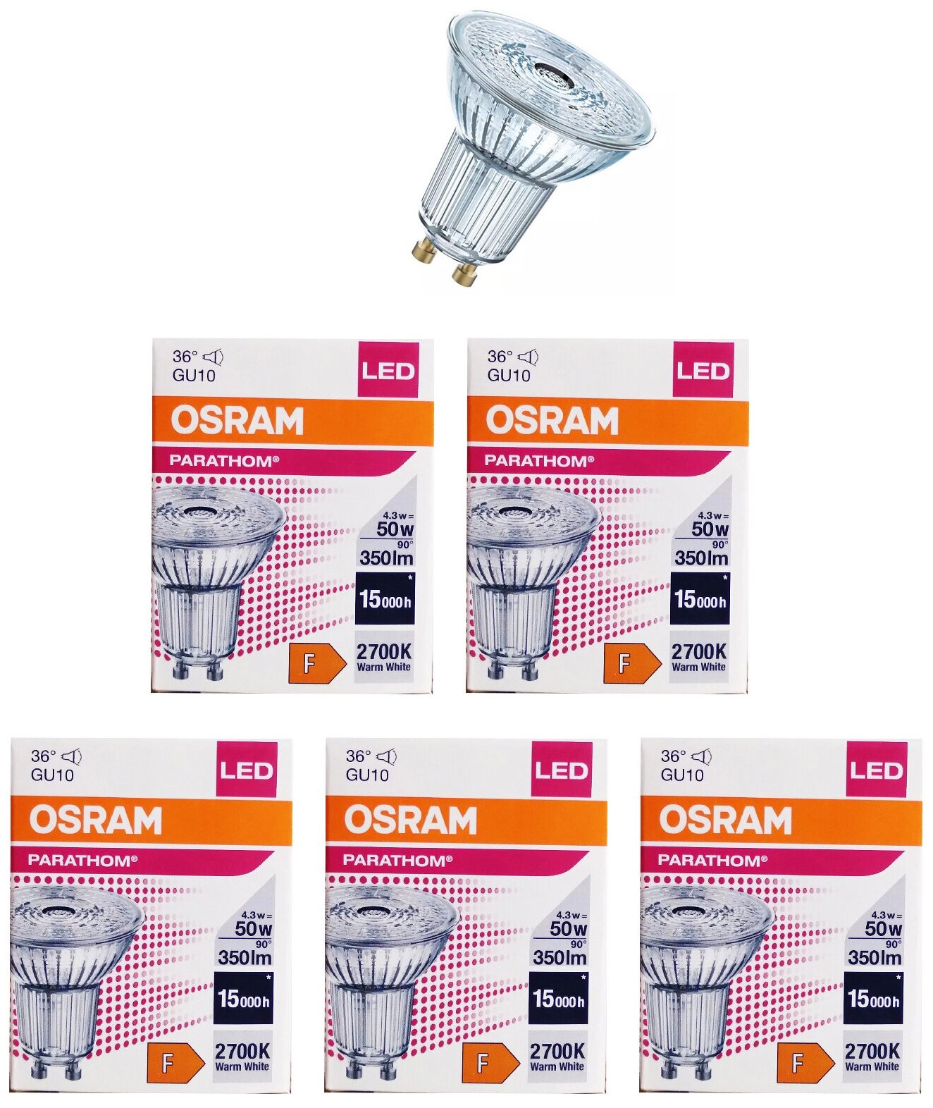 Лампочка светодиодная OSRAM Софит PAR16 GU10 43Вт 220В 350Лм 2700К Теплый белый упаковка 5шт