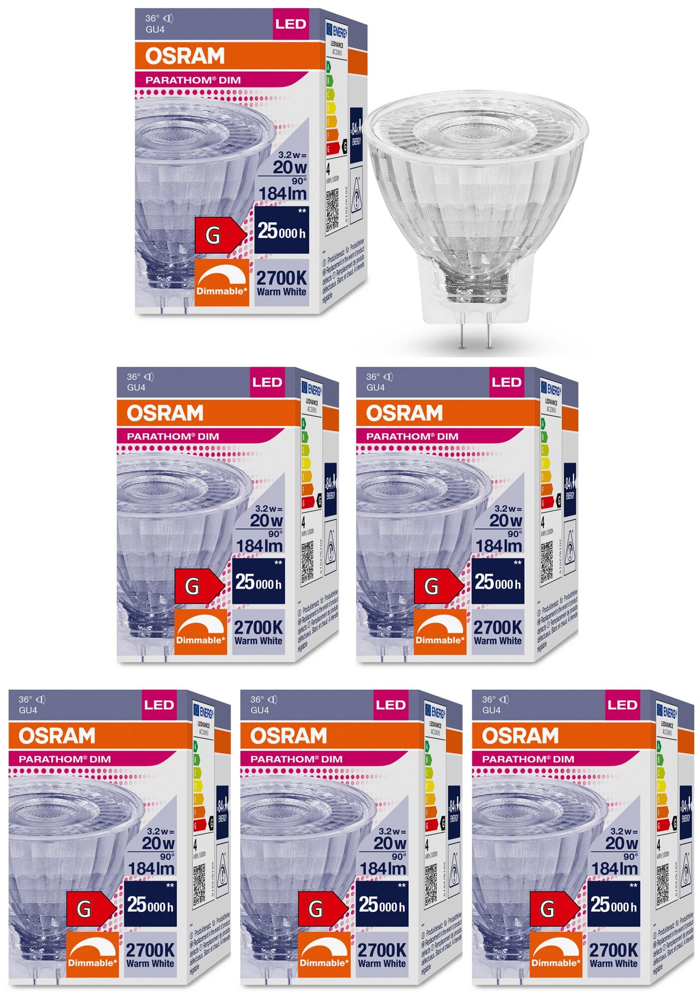 Лампочка светодиодная OSRAM Софит MR11 GU4 32Вт 12В 184Лм 2700К Теплый белый Диммируемая упаковка 5шт