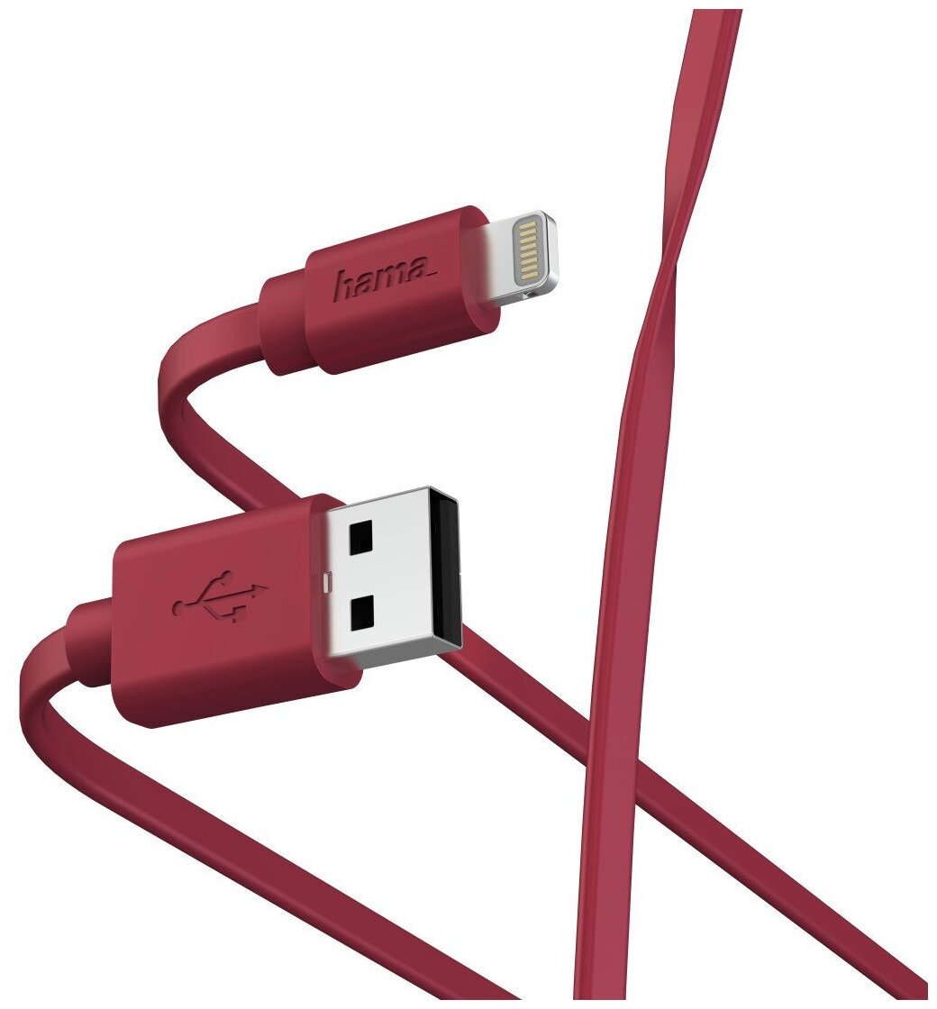 Кабель HAMA Lightning (m) - USB (m), 1м, MFI, плоский, красный [00187233]