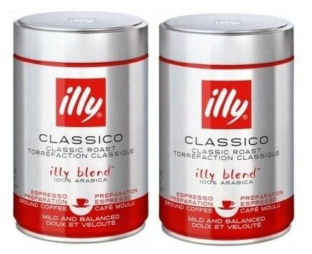 Кофе молотый Illy Classico Espresso средняя обжарка, жестяная банка, 250 г, 2 уп.