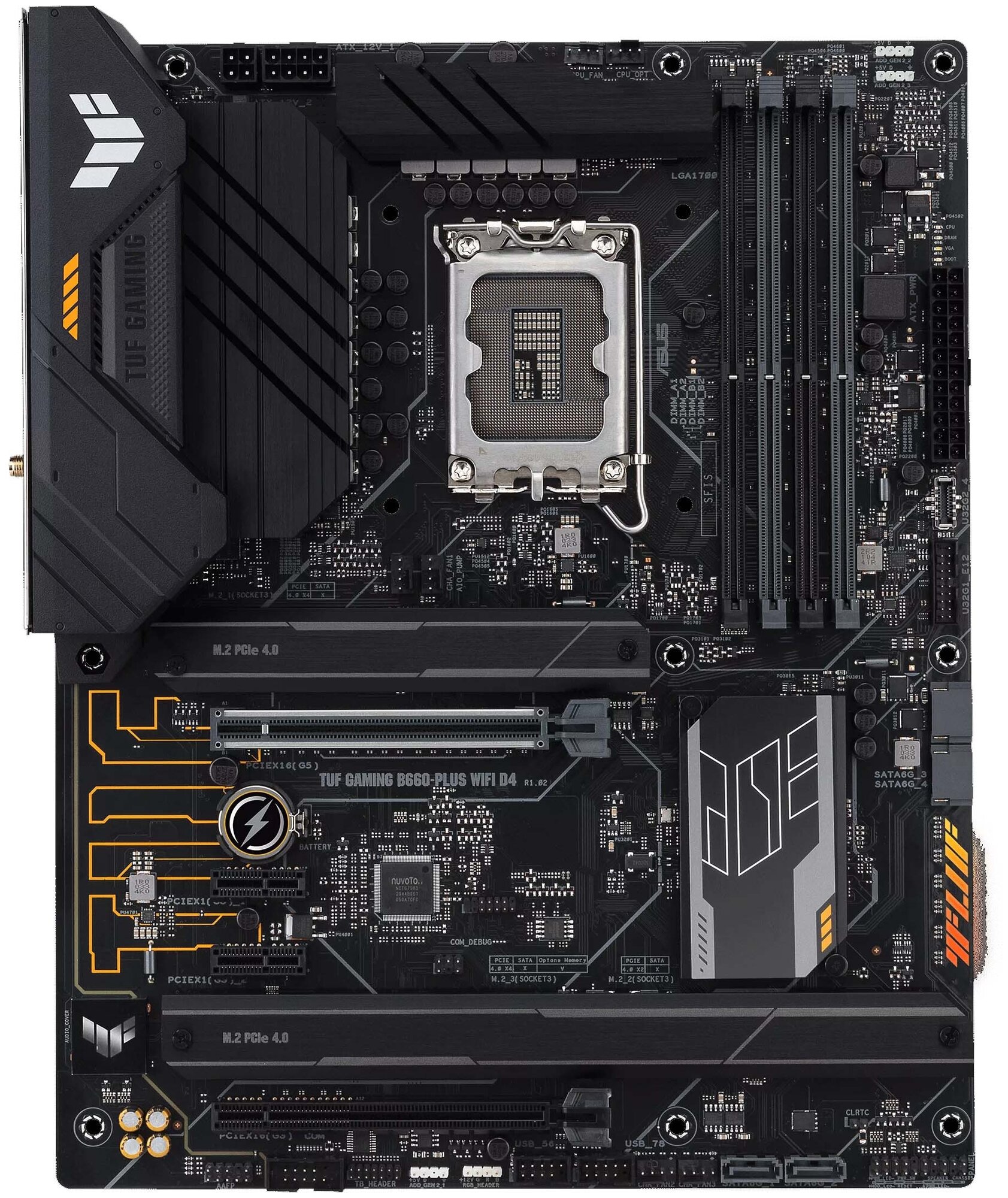 Материнская плата ATX ASUS TUF GAMING B660-PLUS WIFI D4 (LGA1700, B660, 4*DDR4(5333), 4*SATA 6G RAID, 2*M.2, 3*PCIE, 7.1CH, 2.5Glan, WiFi, BT, USB Typ