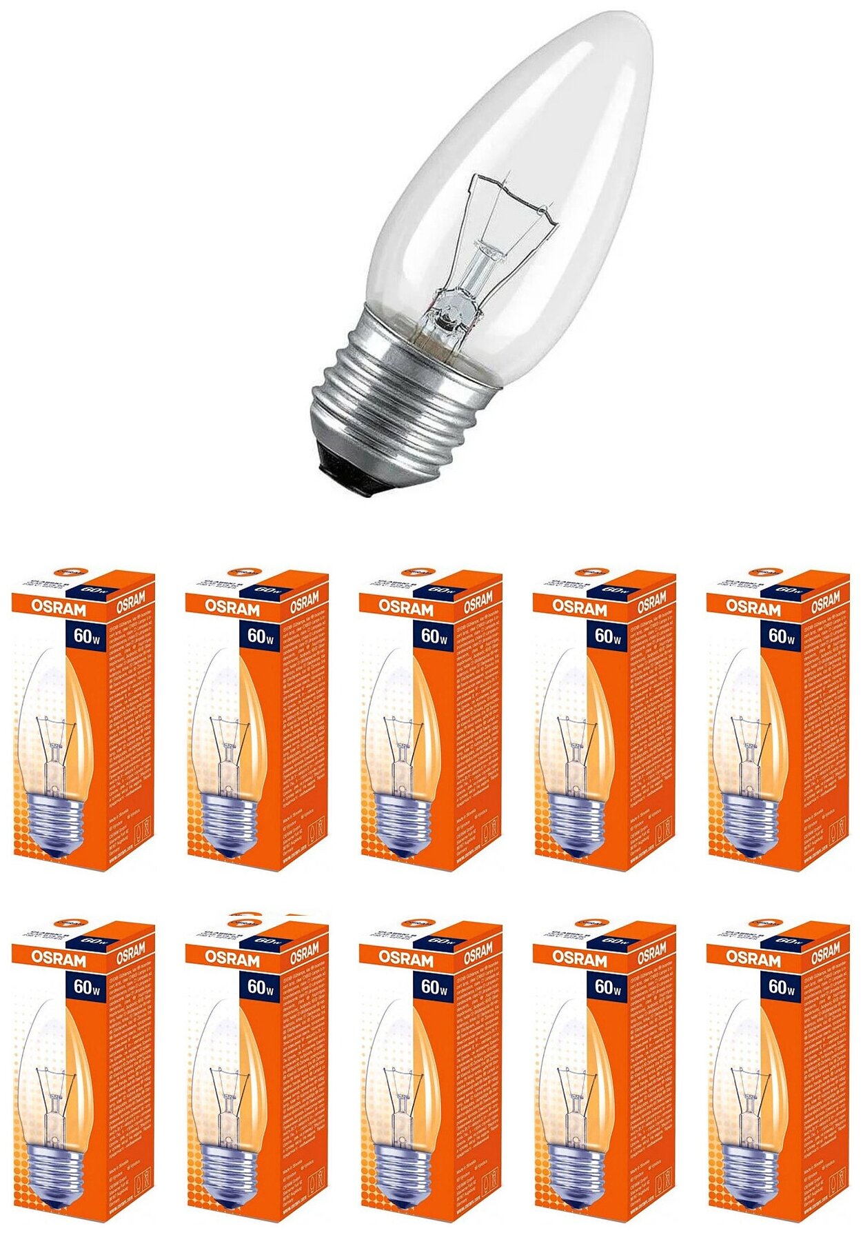 Лампочка накаливания OSRAM Свеча B E27 60Вт 220В 2700К Теплый белый Диммируемая упаковка 10шт