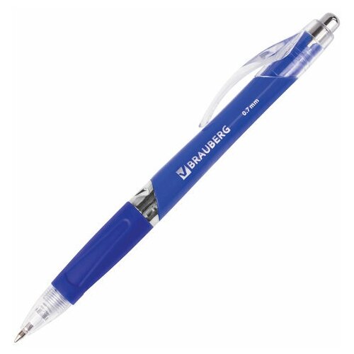 Комплект 30 шт, Ручка шариковая автоматическая с грипом BRAUBERG Rave, синяя, корпус синий, узел 0.7 мм, линия письма 0.35 мм, 141068