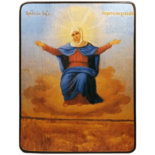 Икона Спорительница хлебов Божией Матери на голубом фоне, размер 14 х 19 см