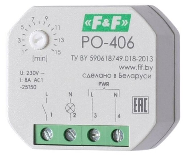 Реле времени PO-406 8А 230В 1НО IP20 задержка выключ./управ. контактом монтаж в коробку d-60мм F&F EA02.001.019 - фотография № 1