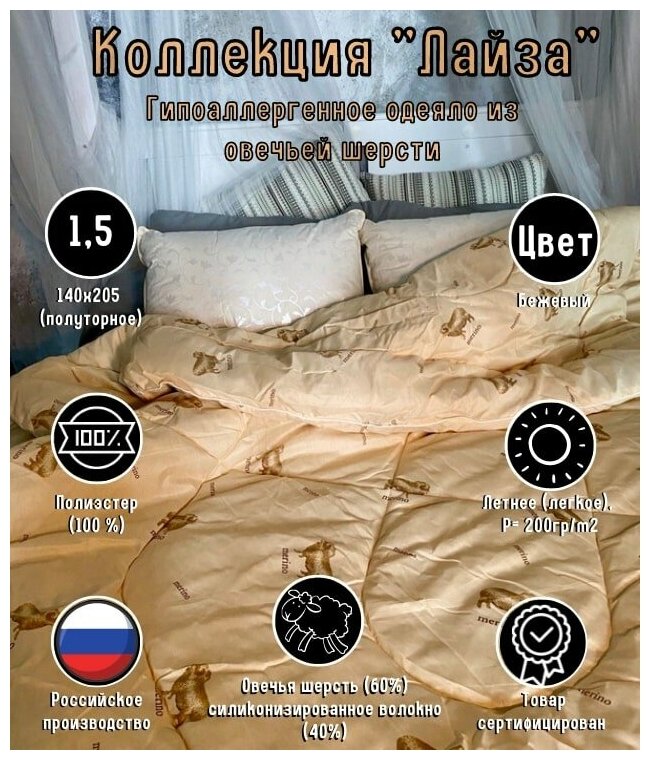 Lucky Dreams/Гипоаллергенное шерстяное одеяло летнее 1,5 спальное легкое 140х205 семейное полуторное, в подарок на годовщину, на новый год, "Лайза" - фотография № 1