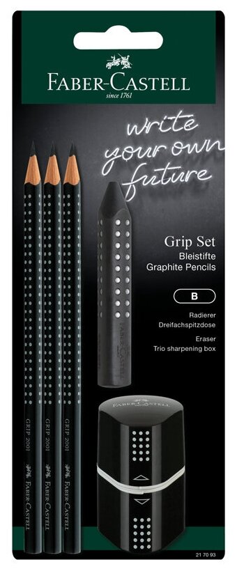 Набор карандашей ч/г Faber-Castell "Grip 2001" 3шт, трехран, заточен, ластик, точилка, черный блистер