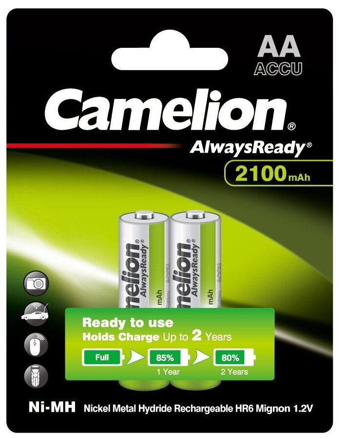 Аккумулятор Camelion Always Ready AA- 2100mAh Ni-Mh BL-2 NH-AA2100ARBP2, 1.2В