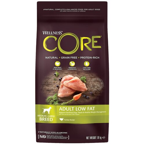 Сухой корм WELLNESS CORE для взрослых собак средних и крупных пород со сниженным содержанием жира из индейки с курицей 1,8 кг