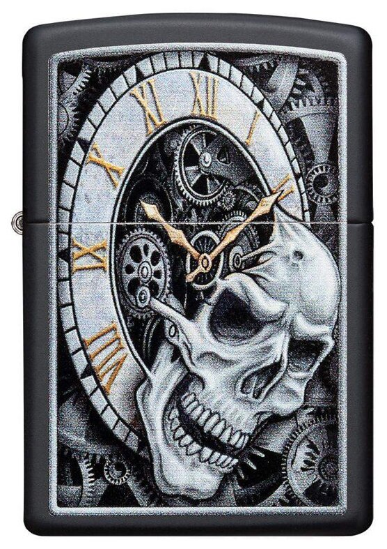 Оригинальная бензиновая зажигалка ZIPPO 29854 Skull Clock Design с покрытием Black Matte - Череп и Часы