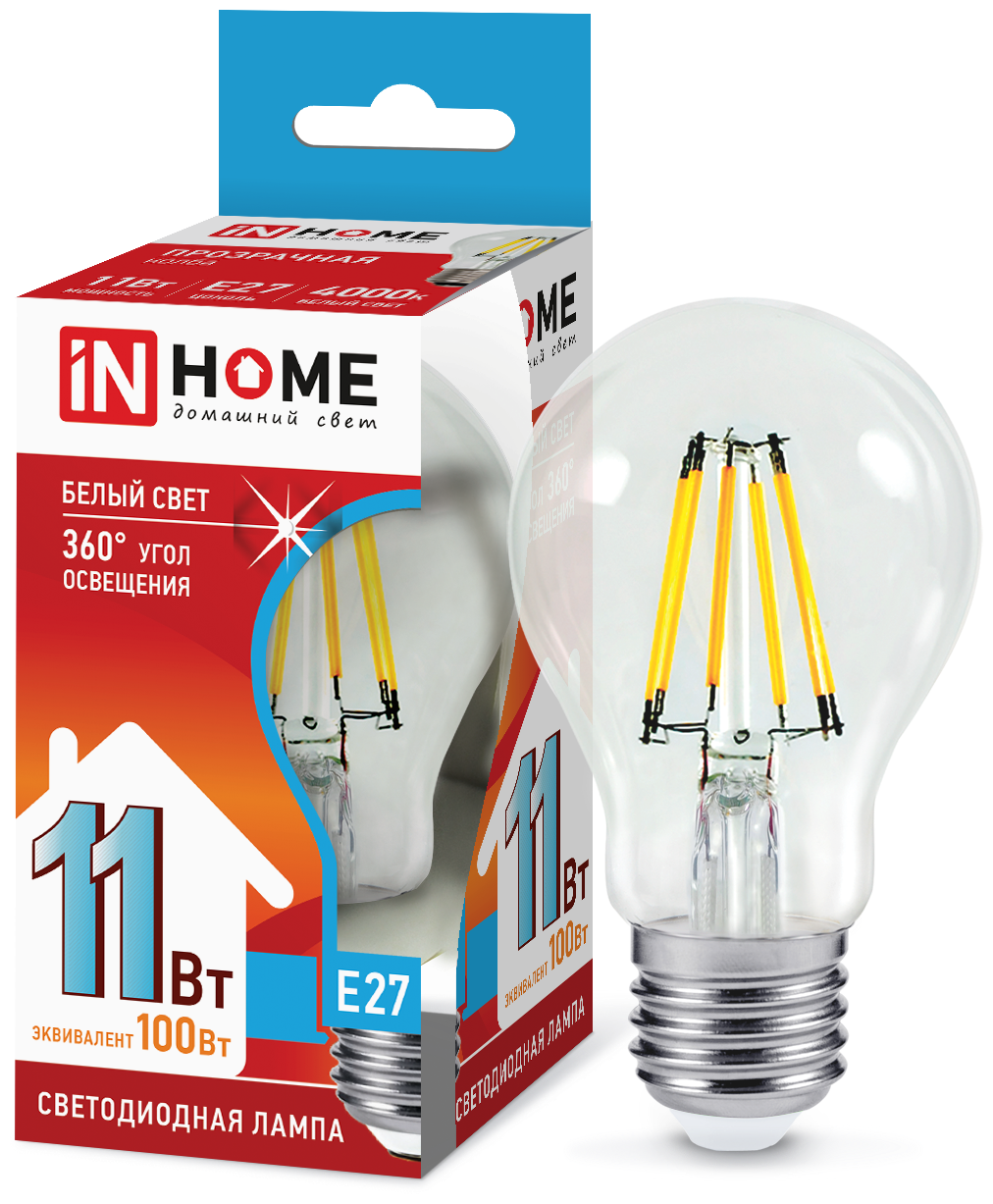 Лампа светодиодная IN HOME LED-A60-deco, E27, A60, 11 Вт, 4000 К