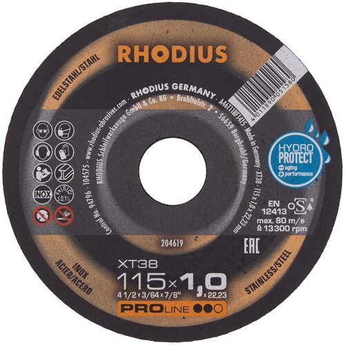 Отрезной прямой тонкий диск RHODIUS по стали XT38 для болгарки/УШМ, чистый рез без искр, 115 x 1,0 x 22,23 мм