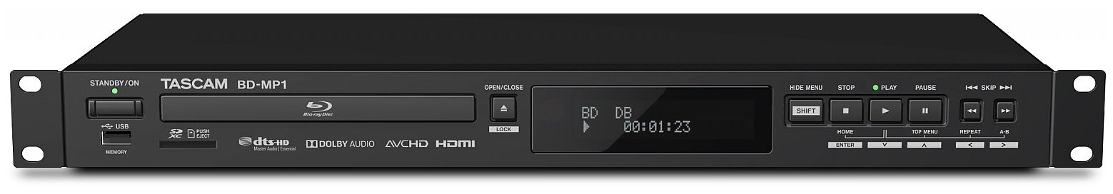 Tascam BD-MP1 мультимедиа плеер Blu-ray, DVD, CD, SD карт, USB, выходы: видео-аудио HDMI, аудио XLR, RCA и 7.1 на RCA, caoxial RCA