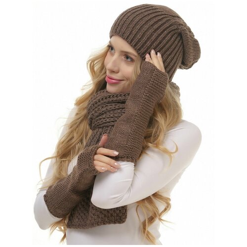 фото Женская вязаная шапка lambonika элис, цвет: коричневый;темно-коричневый, размер: 54-56