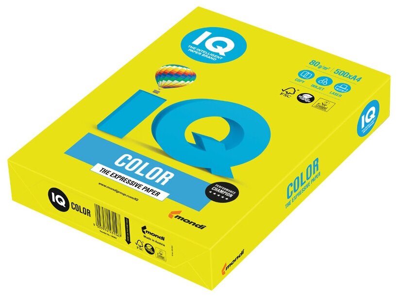 Бумага IQ "Color neon" А4, 80г/м2, 500л. (желтый неон)