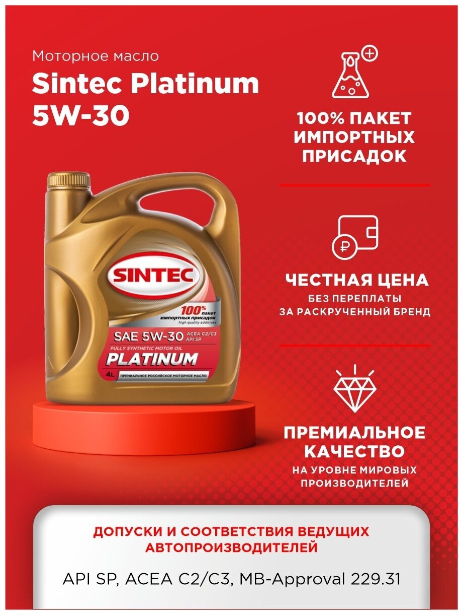 SINTEC Масло Моторное Sintec Platinum 5w-30 Api Sp, Acea C2/C3, Mb 229.31 - 4 Л