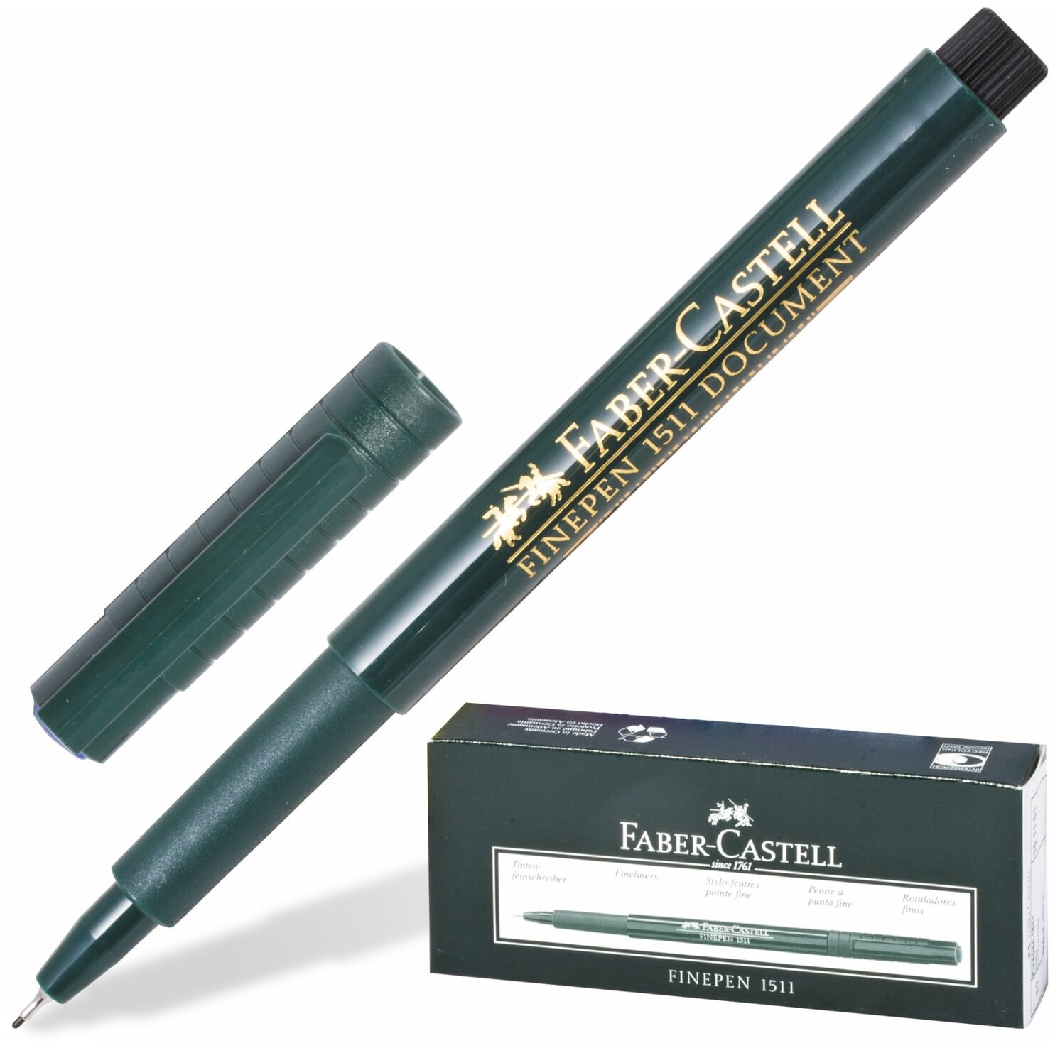 Ручка капиллярная (линер) FABER-CASTELL "Finepen 1511", черная, корпус темно-зеленый, линия 0,4 мм, 151199 - 1 шт.
