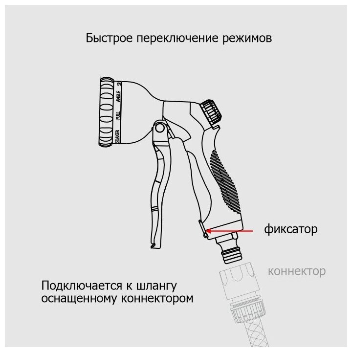 Душ-пистолет 8-ми функц с фиксатором под коннектор 'Урожайная сотка Эксперт' прорезиненный с метал корпусом (YM7207) - фотография № 4